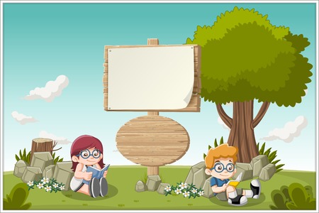 Wooden sign on colorful park with cartoon children readingのイラスト素材