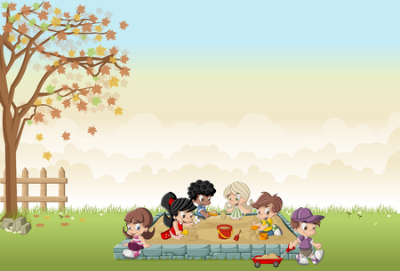 Cute happy cartoon kids playing in the sandbox on the backyardのイラスト素材