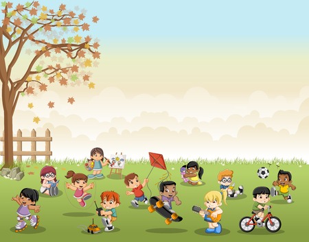 Green grass landscape with cute cartoon kids playing. Sports and recreation.のイラスト素材