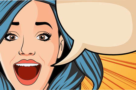 Beautiful retro brunet woman surprised screaming. Vintage art.のイラスト素材