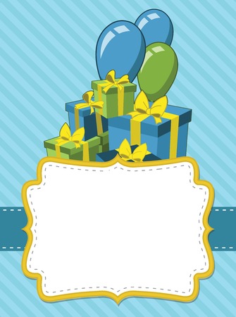 Blue card with a birthday party. Balloons and presents.のイラスト素材
