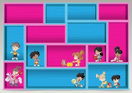 Colorful wood shelf with happy cartoon children. Design element background.のイラスト素材