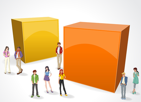 3d design of the text box frame background with cartoon teenagers.のイラスト素材