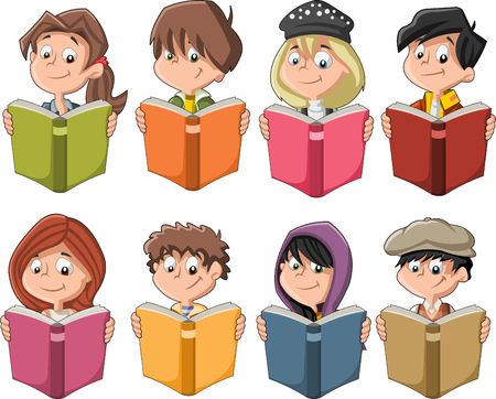 Cute cartoon children reading books. Students.のイラスト素材