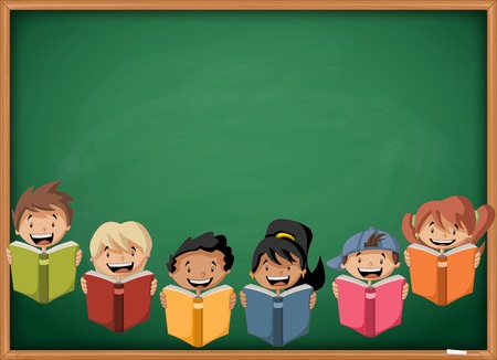 Cartoon children reading books over green chalkboard blackboard. Students.のイラスト素材