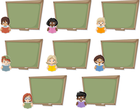 Cartoon children reading books over green chalkboard blackboard. Students.のイラスト素材