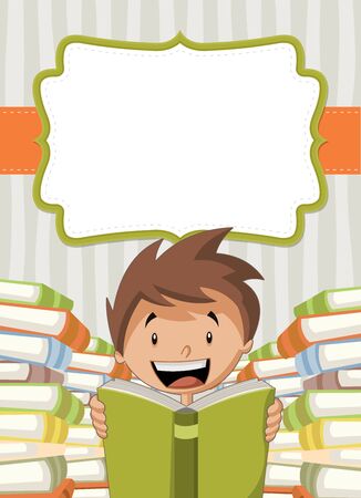 Card with cartoon boy reading books. Student.のイラスト素材