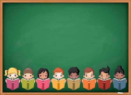 Cartoon children reading books over green chalkboard blackboard. Students.のイラスト素材