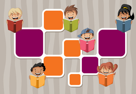 Template with student cartoon children reading books. Students.のイラスト素材