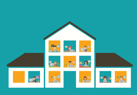 Widows with cartoon business people working. Building with office workspace.のイラスト素材