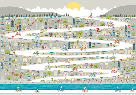 Colorful city with people riding bicycles on the street.のイラスト素材