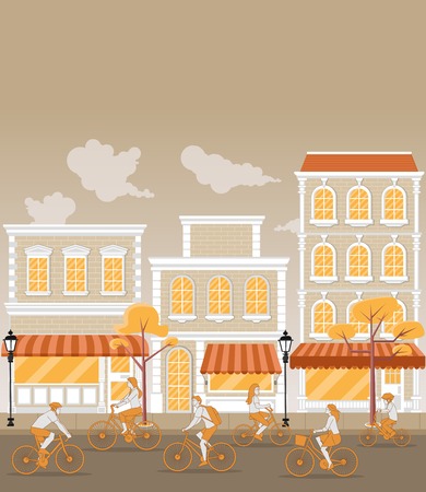 Colorful city with people riding bicycles on the street.のイラスト素材