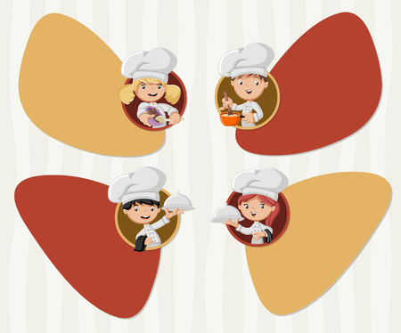Vector banners / backgrounds with chefs cooking cartoon and tray with food holding. Design text box frames.のイラスト素材