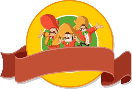 Vector banners and labels backgrounds with cartoon mariachis mexican with sombrero. Design text ribbons.のイラスト素材