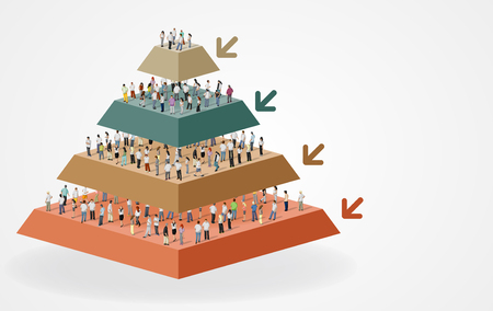 Pyramid chart with business people working with computer. Office workspace with desks. Hierarchy chart.のイラスト素材