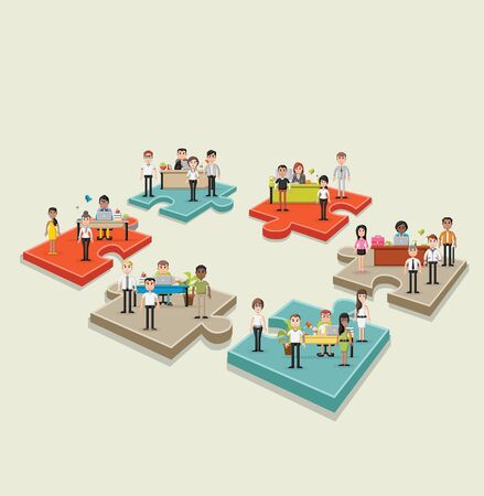 Puzzle pieces with business people working with computer. Office workspace with desks. Infographic design.のイラスト素材