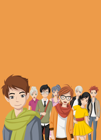 Group of cartoon young people. Manga anime teenagers.のイラスト素材