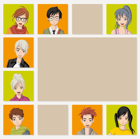 Template for advertising brochure with cartoon young people. Manga anime teenagers.のイラスト素材