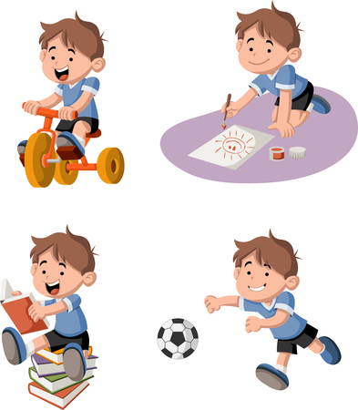 Cute happy cartoon boy playing. Sports and toys.のイラスト素材