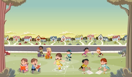 Cartoon kids playing in suburban neighborhood. Green park landscape with grass, trees, and houses.のイラスト素材