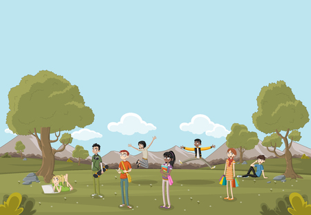Cartoon teenagers on beautiful park. Nature landscape.のイラスト素材