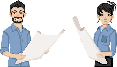 Cartoon young architects holding blueprint.のイラスト素材