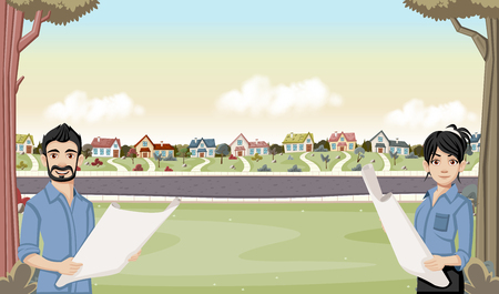 Colorful houses in suburban neighborhood with cartoon young architects holding blueprint.のイラスト素材