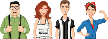 Group of people wearing retro vintage clothes.のイラスト素材