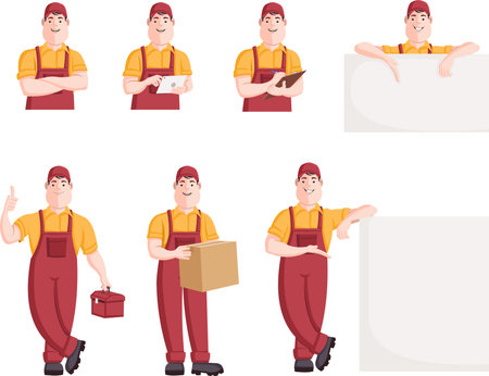 Worker character in different actions. Cartoon repairman.のイラスト素材