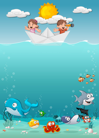 Kids inside a paper boat at the ocean with fish under water. Cartoon children at the sea.のイラスト素材