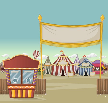 Ticket booth on the entrance of a retro cartoon circus with tents. Vintage carnival background.のイラスト素材