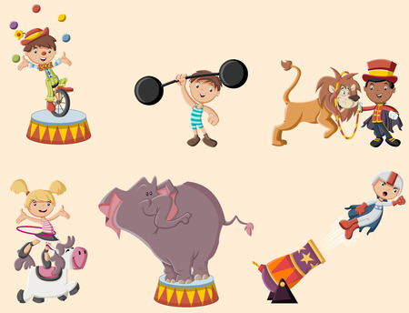 Retro circus cartoon characters and animals. Vintage carnival children.のイラスト素材