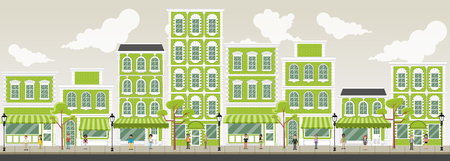 Street of a green city with cartoon business peopleのイラスト素材