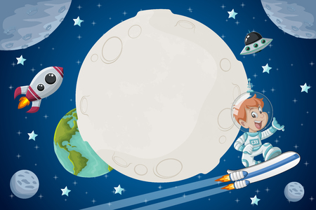 Astronaut cartoon boy flying in the space with a futuristic rocket skate board.のイラスト素材