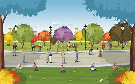 Business people in a park with smart phones and computers. Nature landscape.のイラスト素材