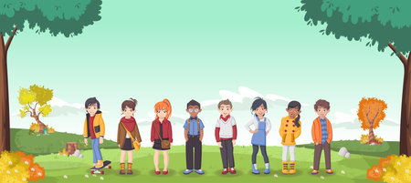 Grass landscape with cute cartoon kids.のイラスト素材