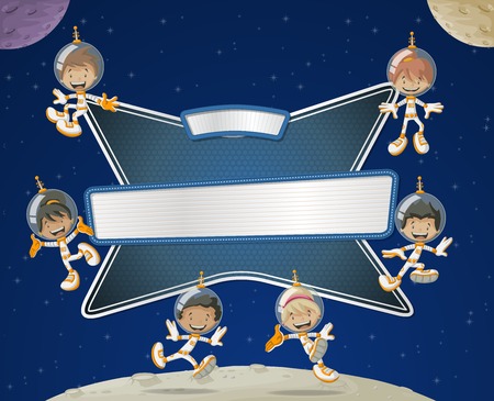 Futuristic rocket screen board with astronaut cartoon children in the space.のイラスト素材