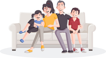 Colorful happy cartoon family on sofa.のイラスト素材