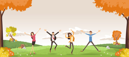 Happy people jumping on green park with grass and trees. Nature landscape.のイラスト素材