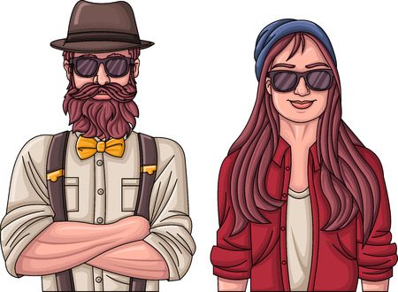 Couple of hipster people wearing vintage clothes.のイラスト素材