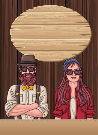 Wooden template with hipster man wearing vintage clothes.のイラスト素材