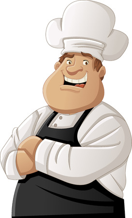 Fat cartoon chef wearing apron and hat.のイラスト素材