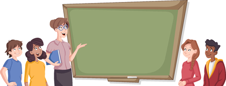 Cartoon students in classroom with teacherのイラスト素材