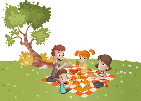 Cartoon family having picnic in the park on a sunny day. Nature background.のイラスト素材