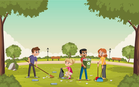 Colorful green park with teenagers cleaning trash. People recycling.のイラスト素材