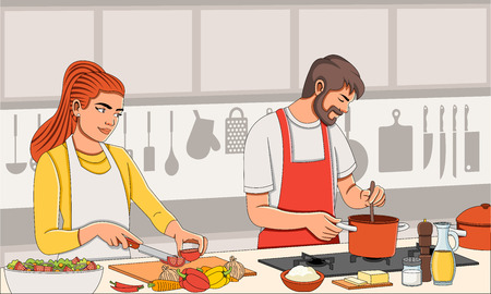 Couple wearing apron and cooking. Chef in the kitchen.のイラスト素材