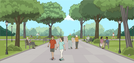 Group of people in the park. Nature landscape.のイラスト素材
