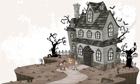 Scared cartoon kids in front of haunted house. Halloween background.のイラスト素材