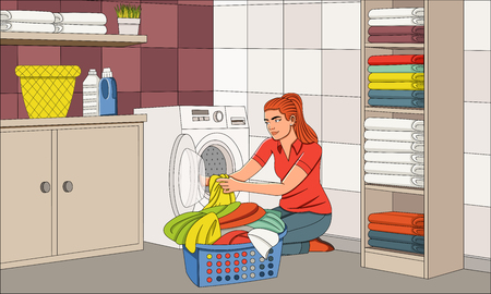 Beautiful young woman doing laundry at home. Woman putting laundry in washing machine.のイラスト素材