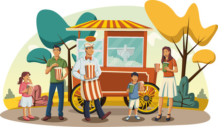 Happy cartoon family eating popcorn. Old fashion popcorn red cart.のイラスト素材